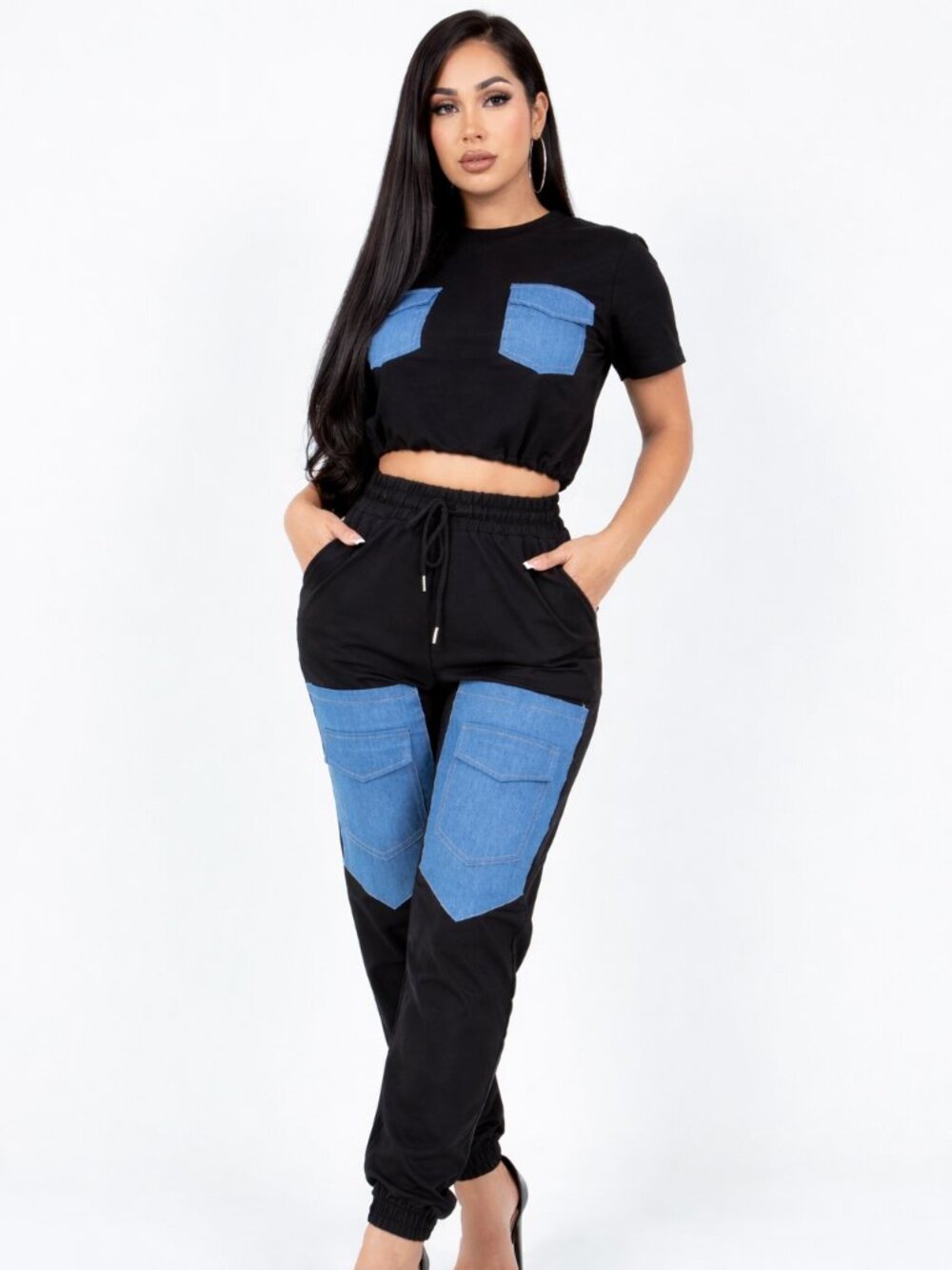 Women' Fashion 2 Pieces Denim Stitching shirt Joggers Pants - Daily Wear (Black)